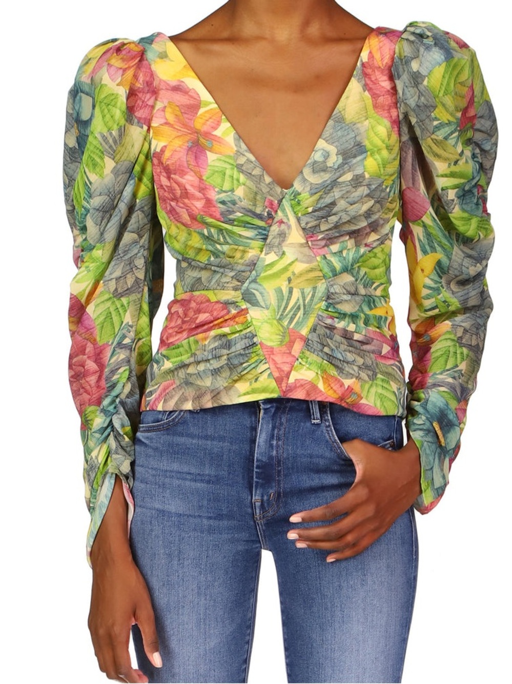 AMUR Jerre Floral Ruched Puff Sleeve V Neck Blouse Tropical Multicolor Size 6